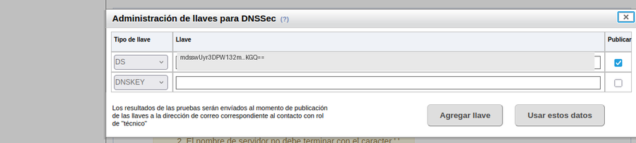 Diálogo Administración de llaves para DNSSec en NIC.cl con el registro DS ingresado y marcado para publicar