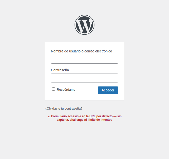 Formulario de acceso estándar de WordPress en la ruta por defecto, sin captcha ni límite de intentos, expuesto a ataques automatizados de fuerza bruta.